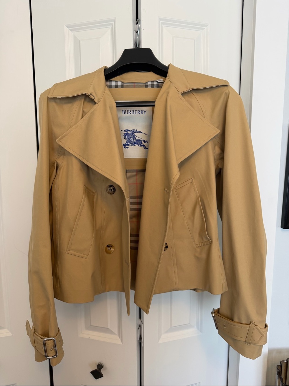 Burberry Camel Short Trench Coat with Classic Lapels